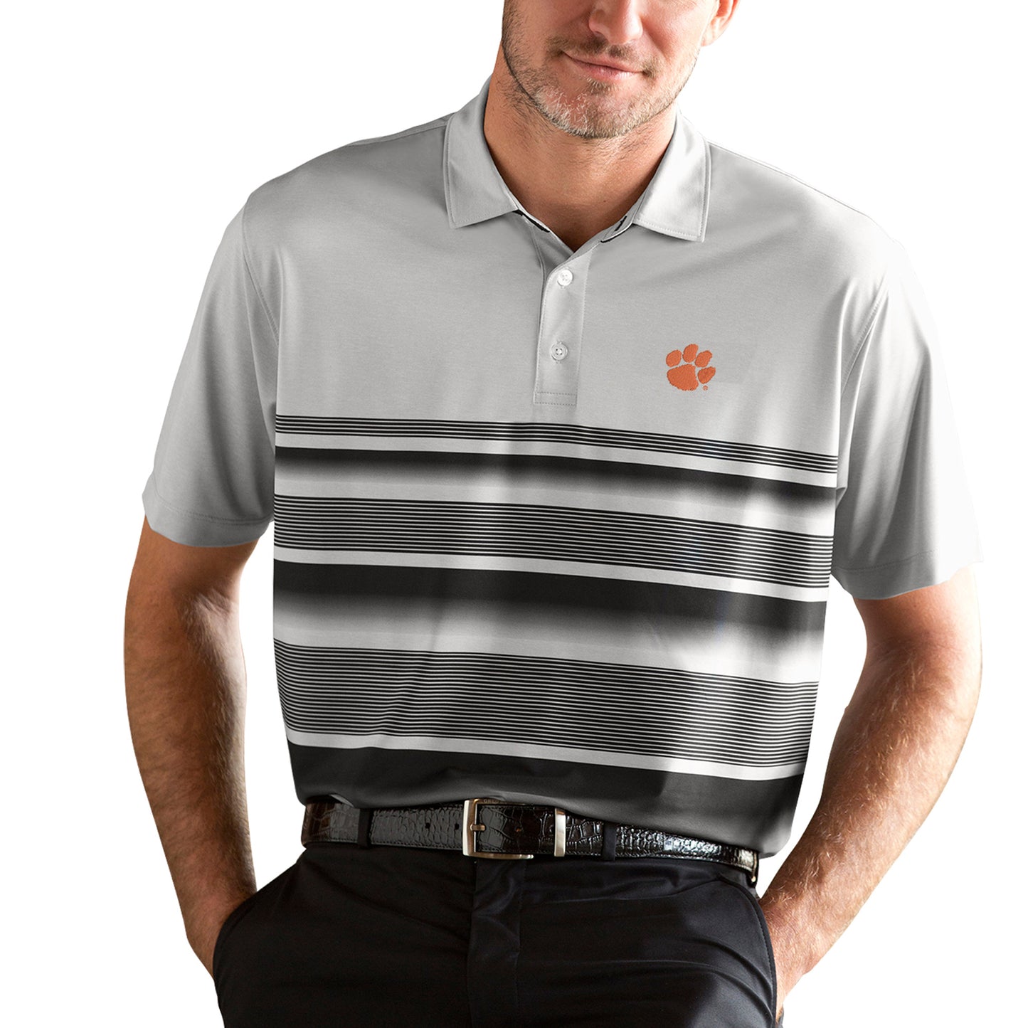 Men's Black/Gray Clemson Tigers Pro Fade Stripe Polo