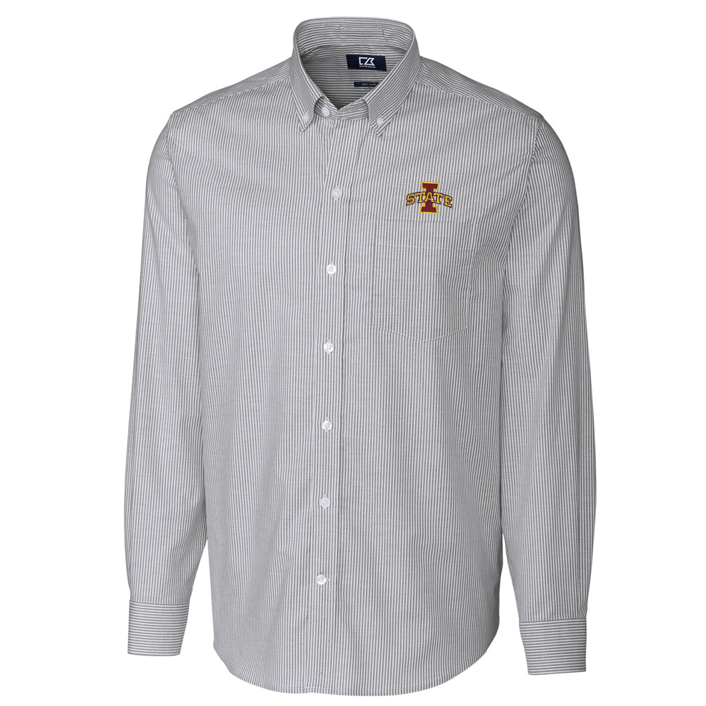 Men's Cutter & Buck Charcoal Iowa State Cyclones Big & Tall Stretch Oxford Stripe Long Sleeve Button Down Shirt