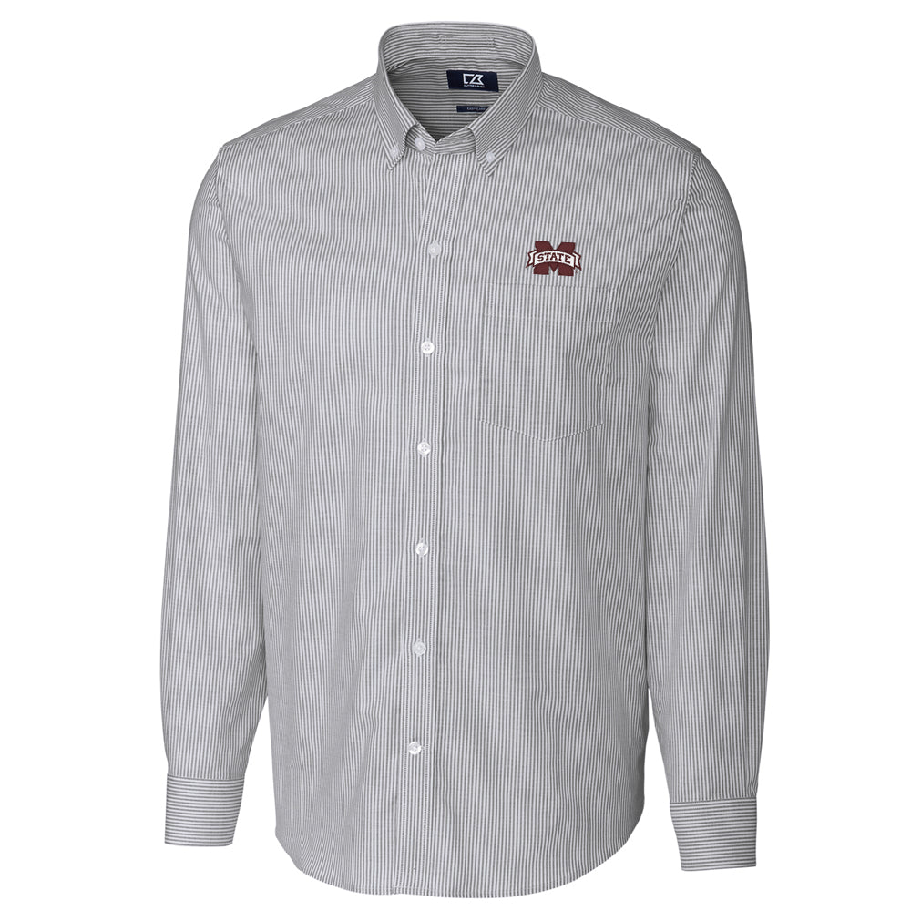 Men's Cutter & Buck Charcoal Mississippi State Bulldogs Big & Tall Stretch Oxford Stripe Long Sleeve Button Down Shirt