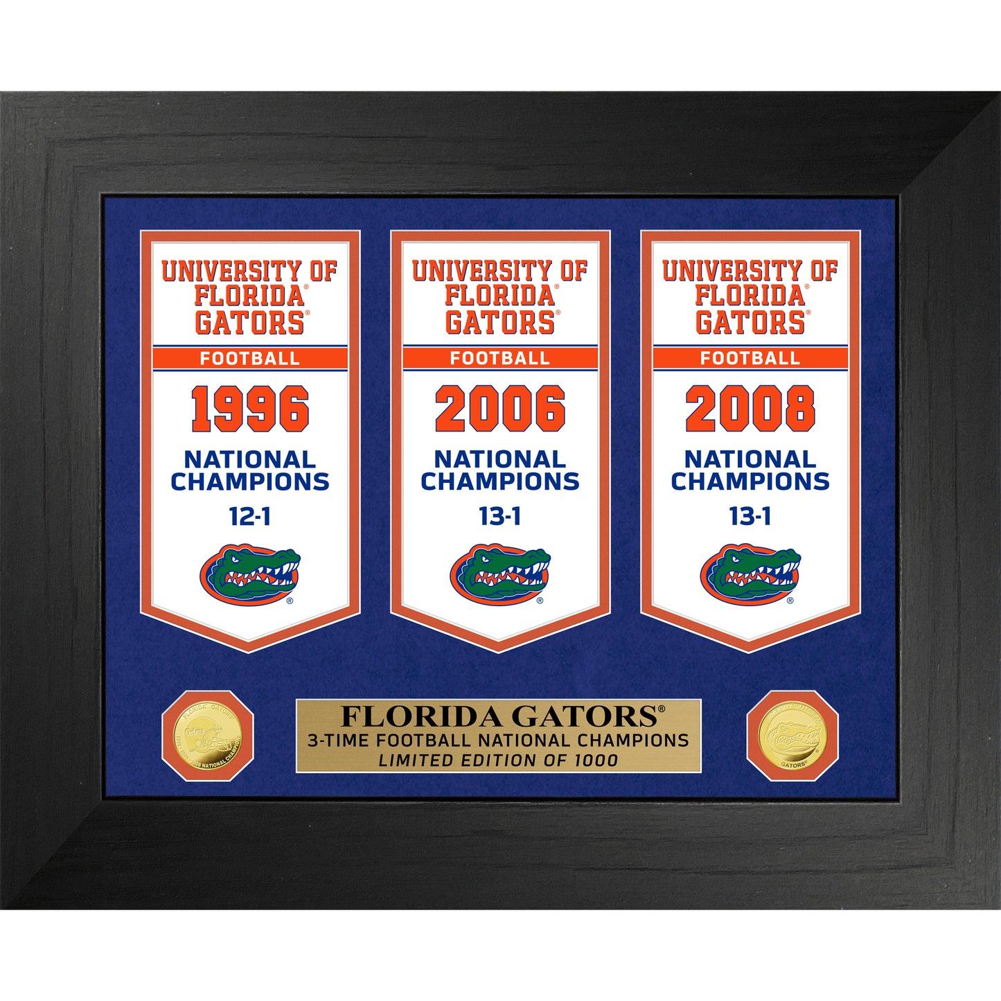 Highland Mint Florida Gators 3-Time Football National Champions 18'' x 22'' Gold Deluxe Banner Frame