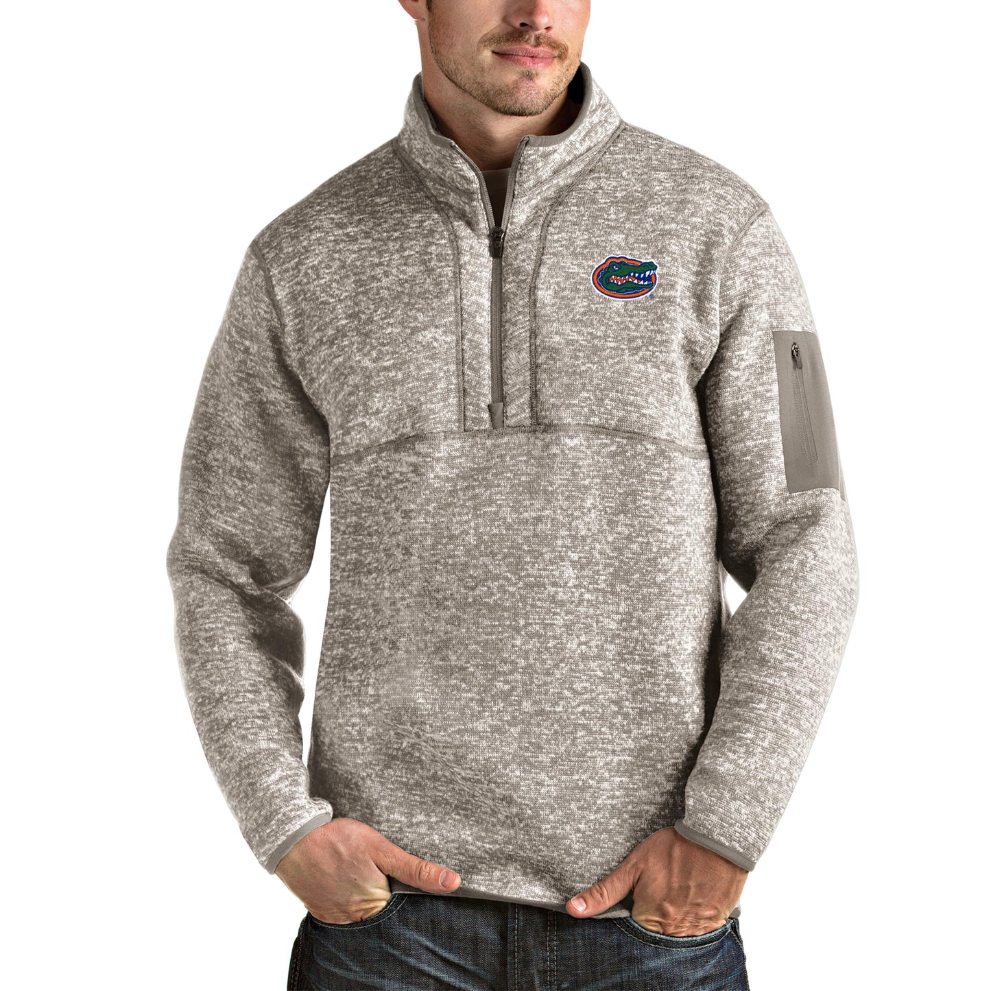 Men's Antigua Oatmeal Florida Gators Fortune Half-Zip Pullover Jacket