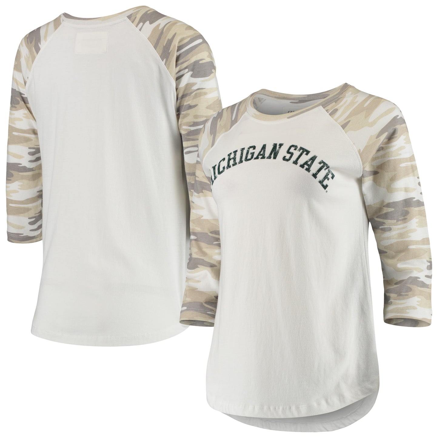 Women's White/Camo Michigan State Spartans Boyfriend Baseball Raglan 3/4-Sleeve T-Shirt