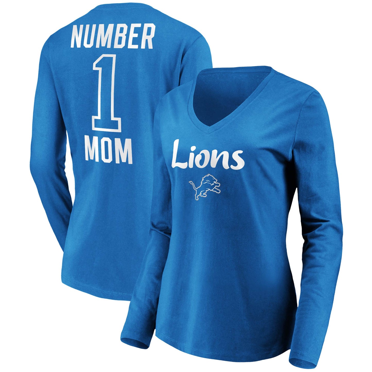 Women's Blue Detroit Lions #1 Mom Long Sleeve V-Neck T-Shirt