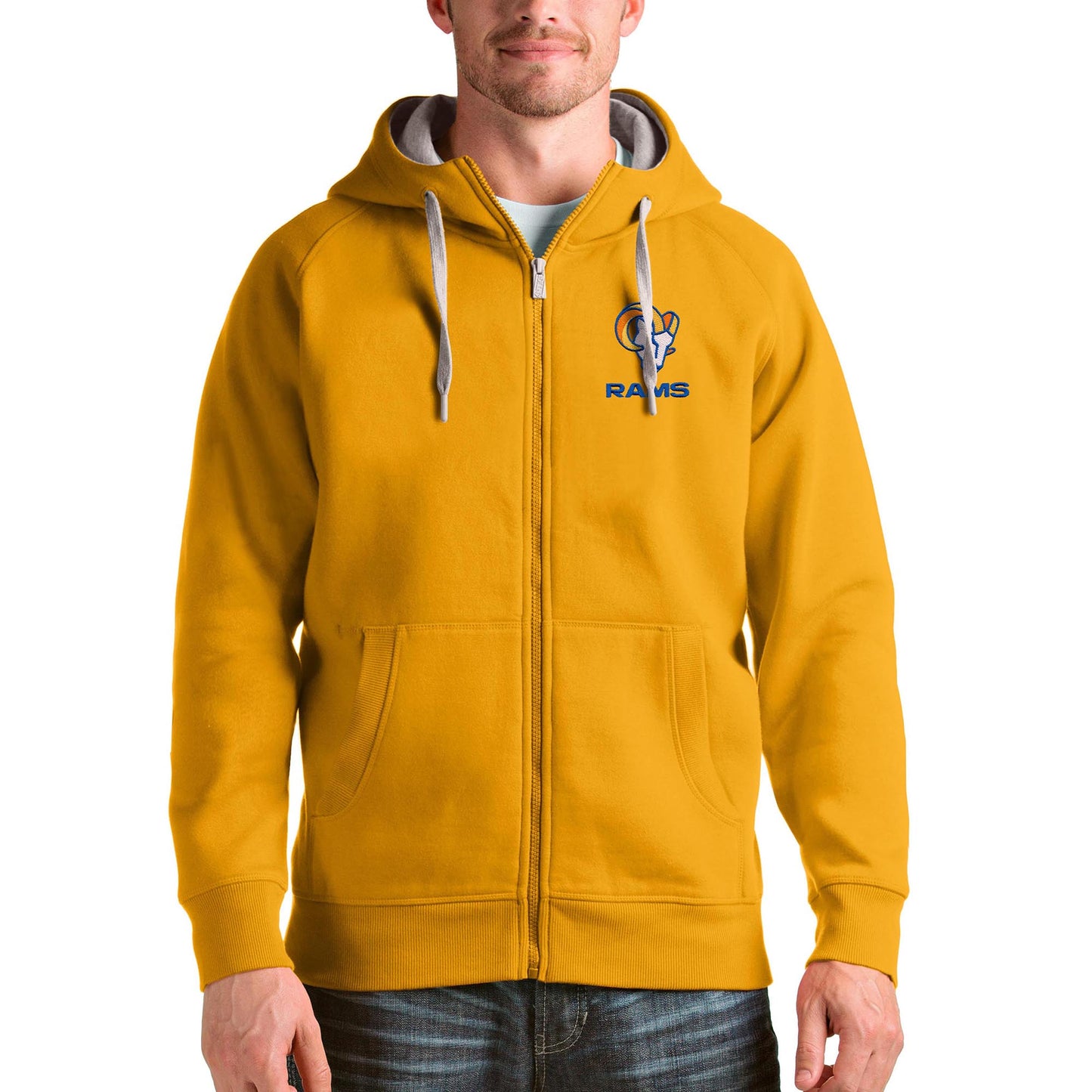 Men's Antigua Gold Los Angeles Rams Victory Full-Zip Hoodie