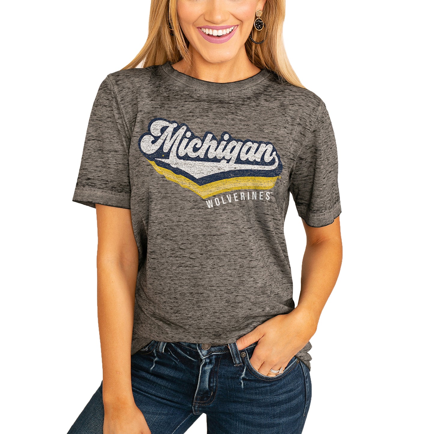 Women's Charcoal Michigan Wolverines Vivacious Varsity Boyfriend T-Shirt