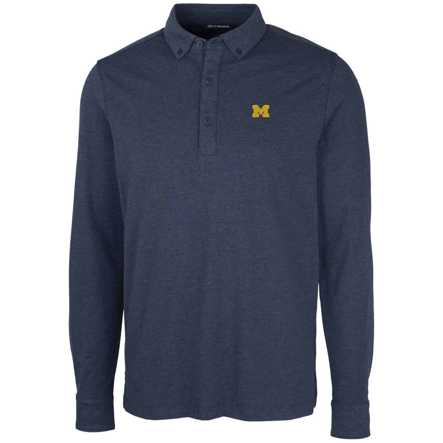 Men's Cutter & Buck Heather Navy Michigan Wolverines Advantage Long Sleeve Polo
