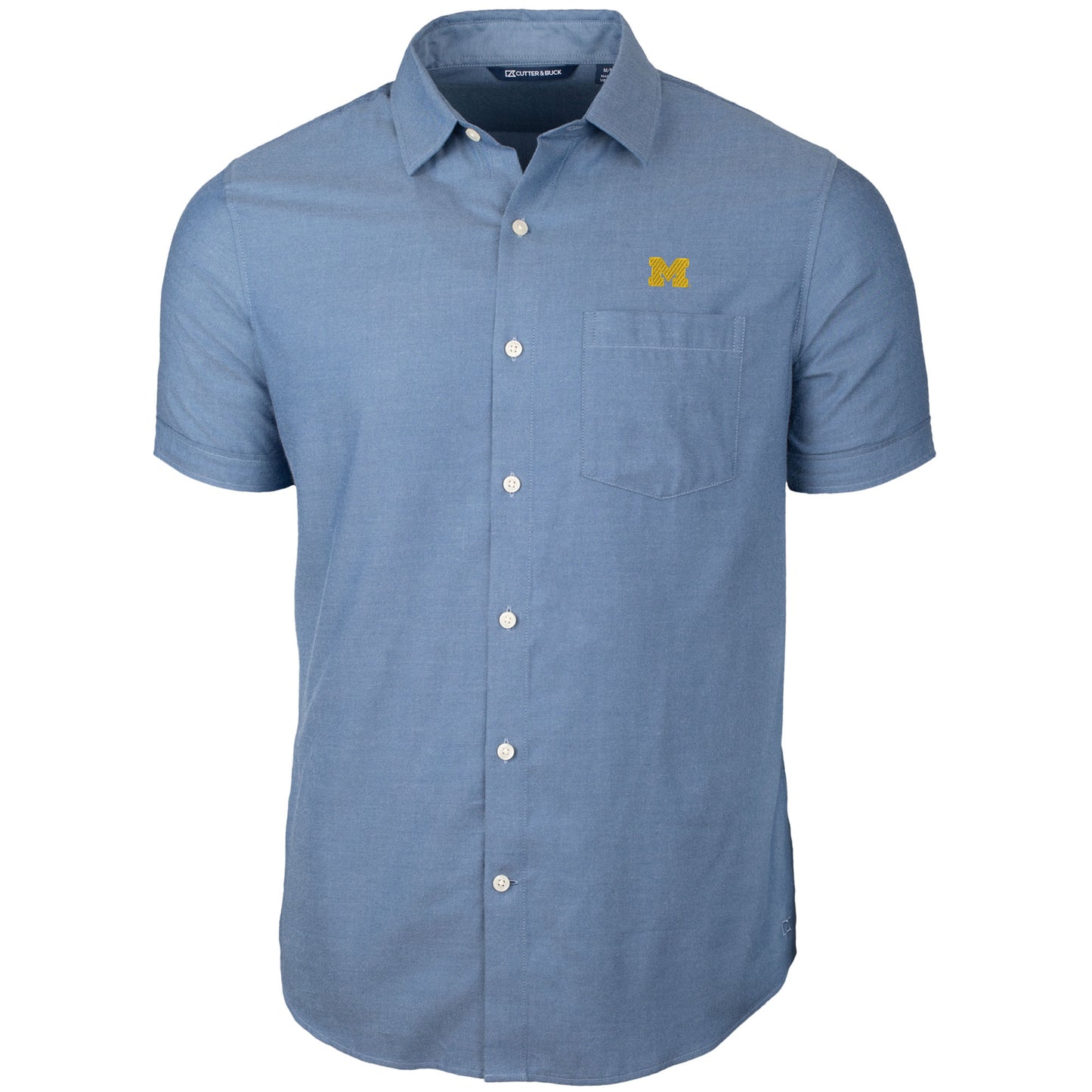 Men's Cutter & Buck Navy Michigan Wolverines Windward Twill Button-Up Short Sleeve Shirt