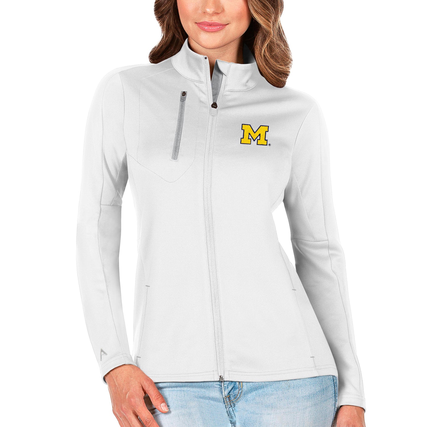 Women's Antigua White/Silver Michigan Wolverines Generation Full-Zip Jacket