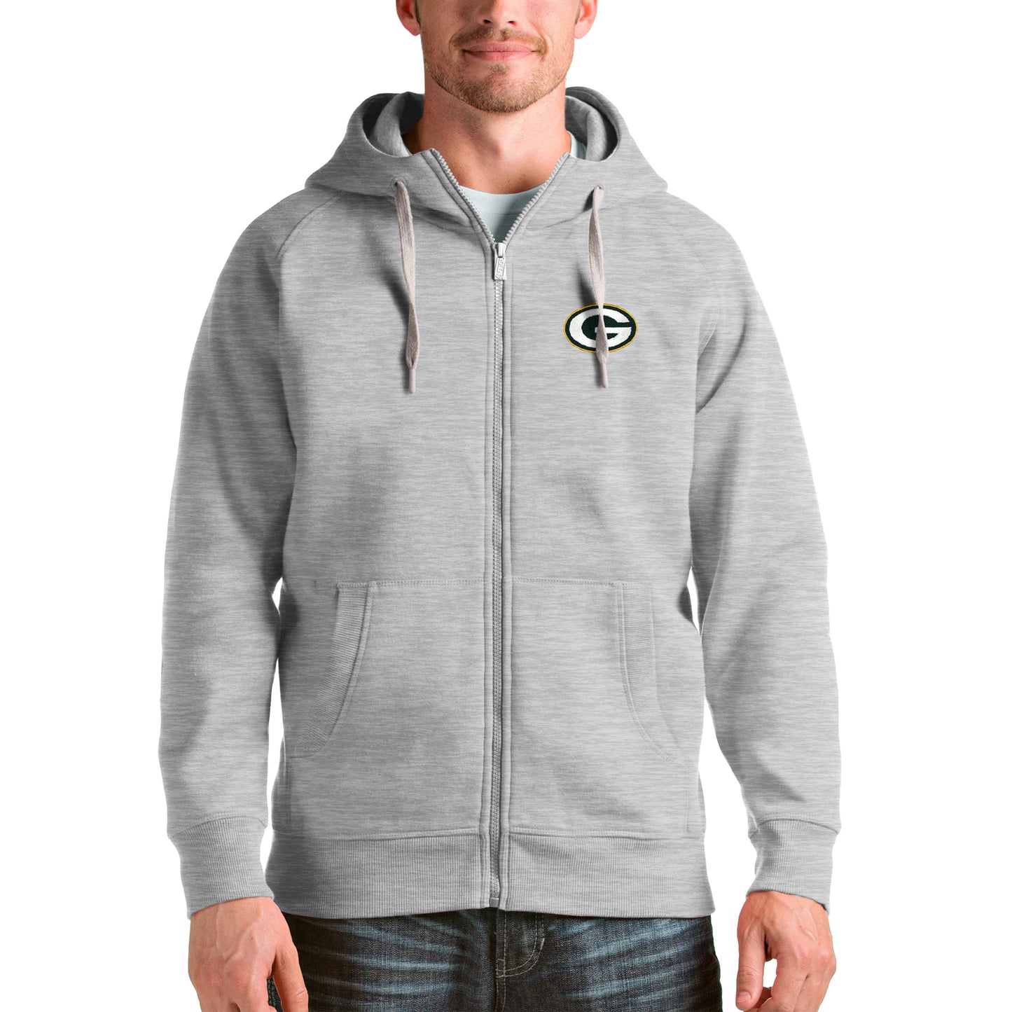 Men's Antigua Heather Gray Green Bay Packers Victory Full-Zip Hoodie