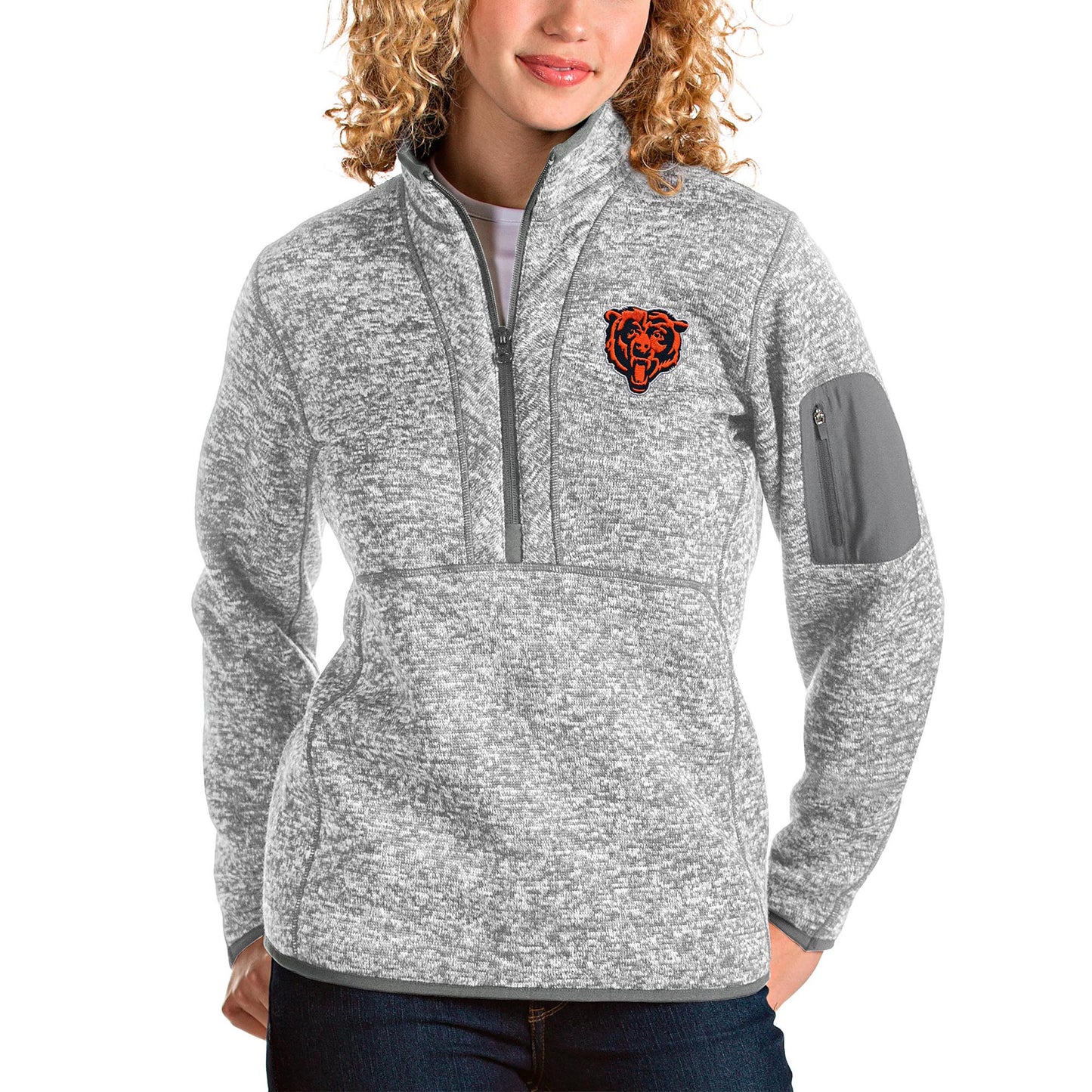 Women's Antigua Heather Gray Chicago Bears Bear Head Fortune Half-Zip Pullover Jacket