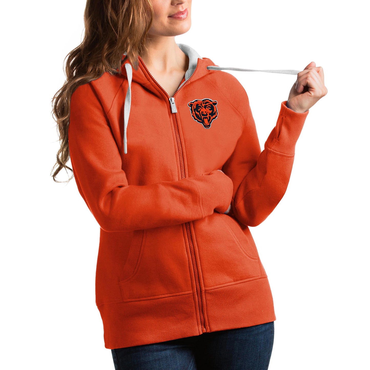 Women's Antigua Orange Chicago Bears Bear Head Victory Full-Zip Hoodie