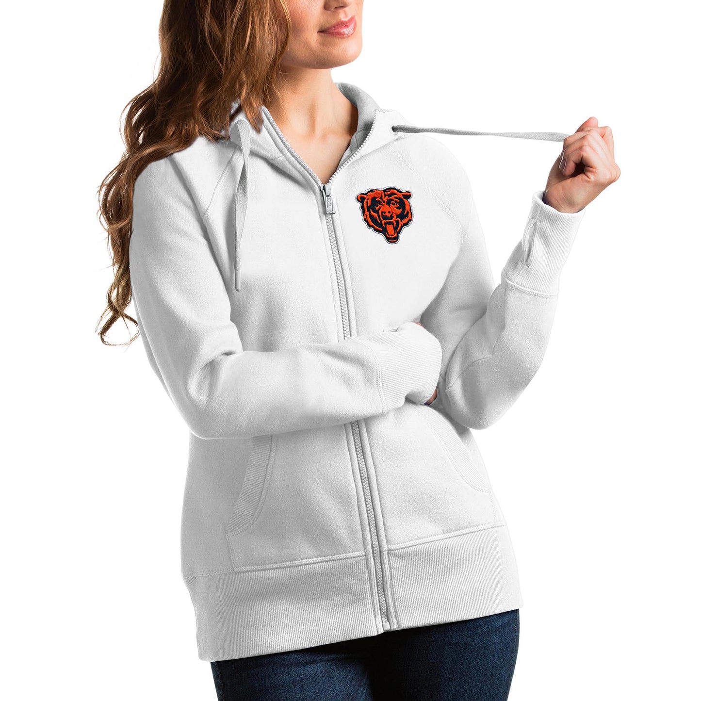 Women's Antigua White Chicago Bears Bear Head Victory Full-Zip Hoodie