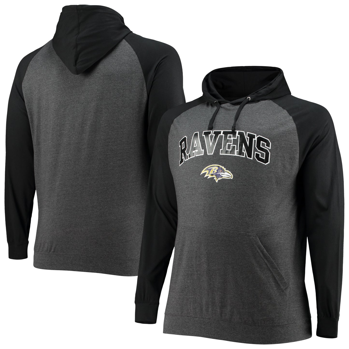 Men's Fanatics Black/Heathered Charcoal Baltimore Ravens Big & Tall Lightweight Raglan Pullover Hoodie