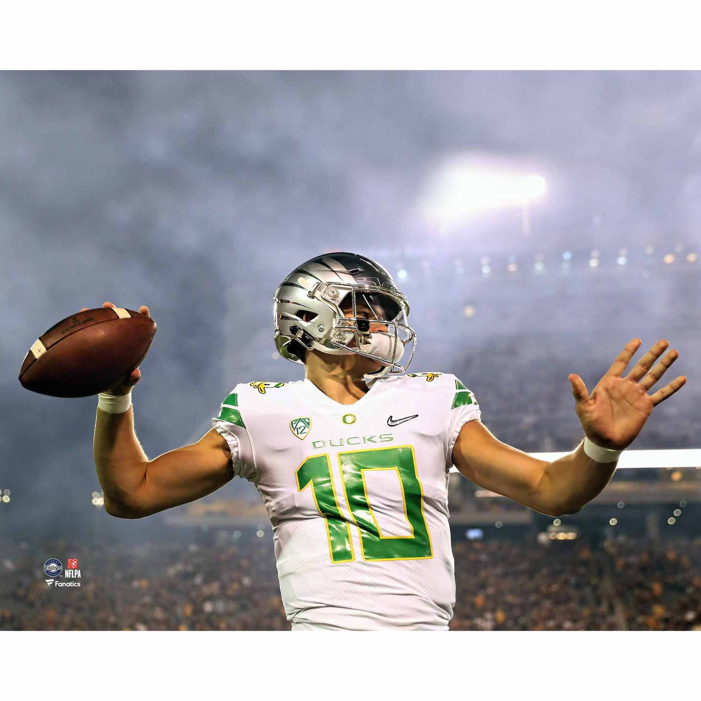 Justin Herbert Oregon Ducks Unsigned White Jersey Warming Up Photograph