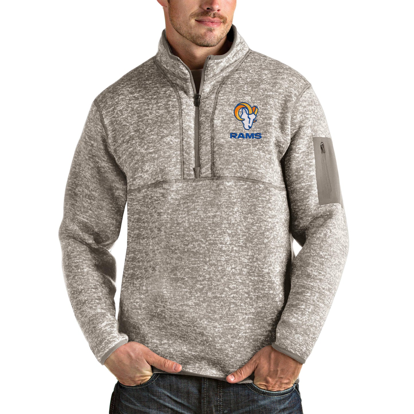 Men's Antigua Oatmeal Los Angeles Rams Alternate Logo Fortune Quarter-Zip Pullover Jacket