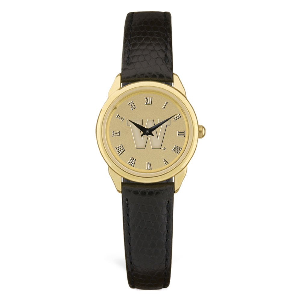 Women's Washington Huskies Gold Medallion Black Leather Wristwatch