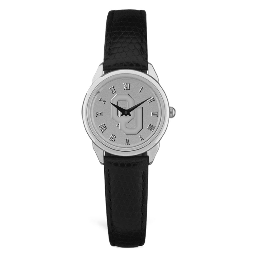Women's Oklahoma Sooners Silver Medallion Black Leather Wristwatch
