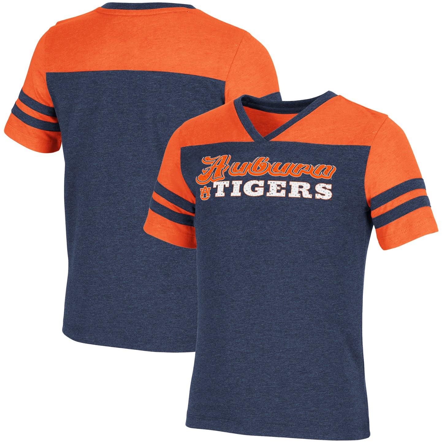 Girls Youth Colosseum Heathered Navy Auburn Tigers Aloha Stripe Sleeve Rhinestone V-Neck T-Shirt