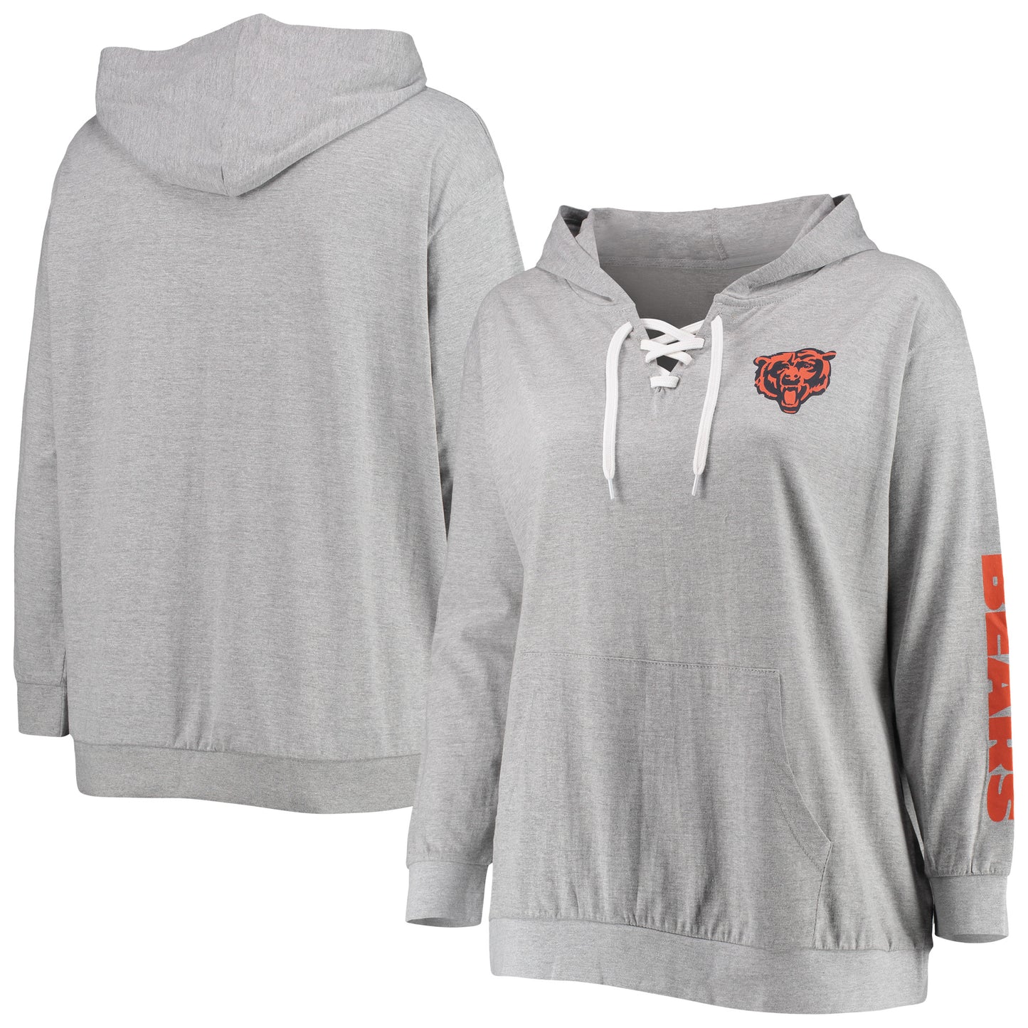 Women's Fanatics Heathered Gray Chicago Bears Plus Size Lace-Up Pullover Hoodie
