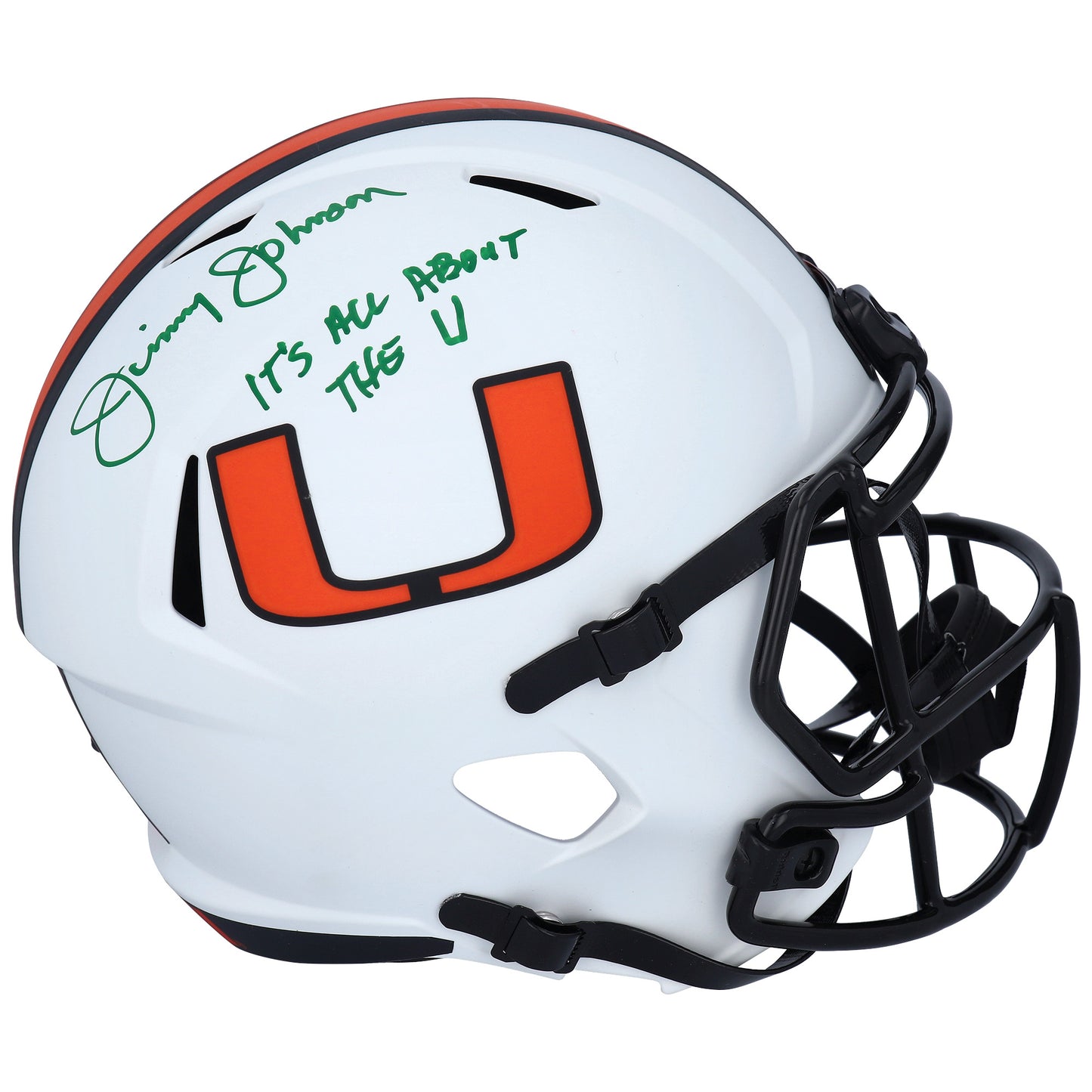 Jimmy Johnson Miami Hurricanes Autographed Riddell Lunar Speed Replica Helmet with "Its All About the U'' Inscription