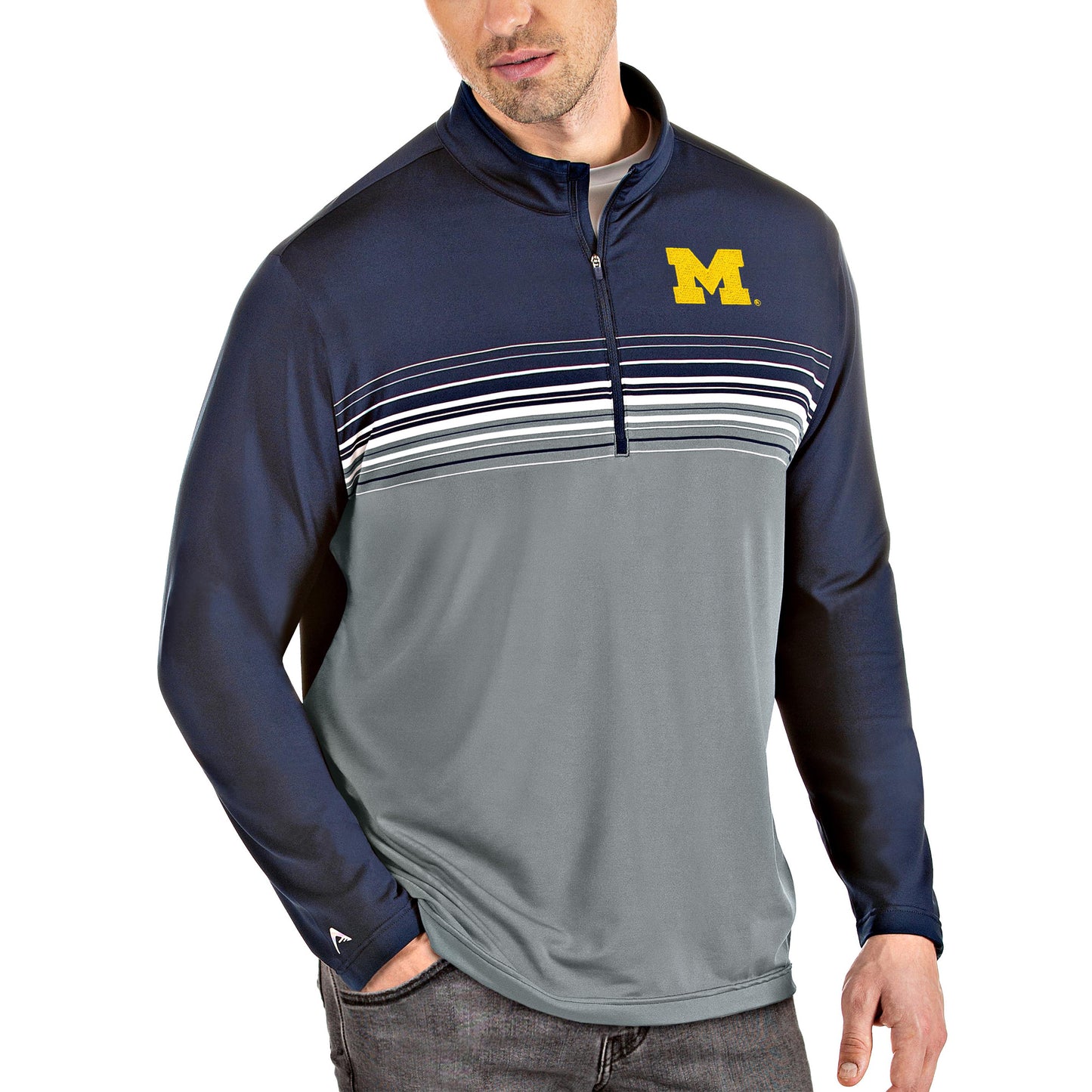 Men's Antigua Navy/Gray Michigan Wolverines Big & Tall Pace Quarter-Zip Pullover Jacket