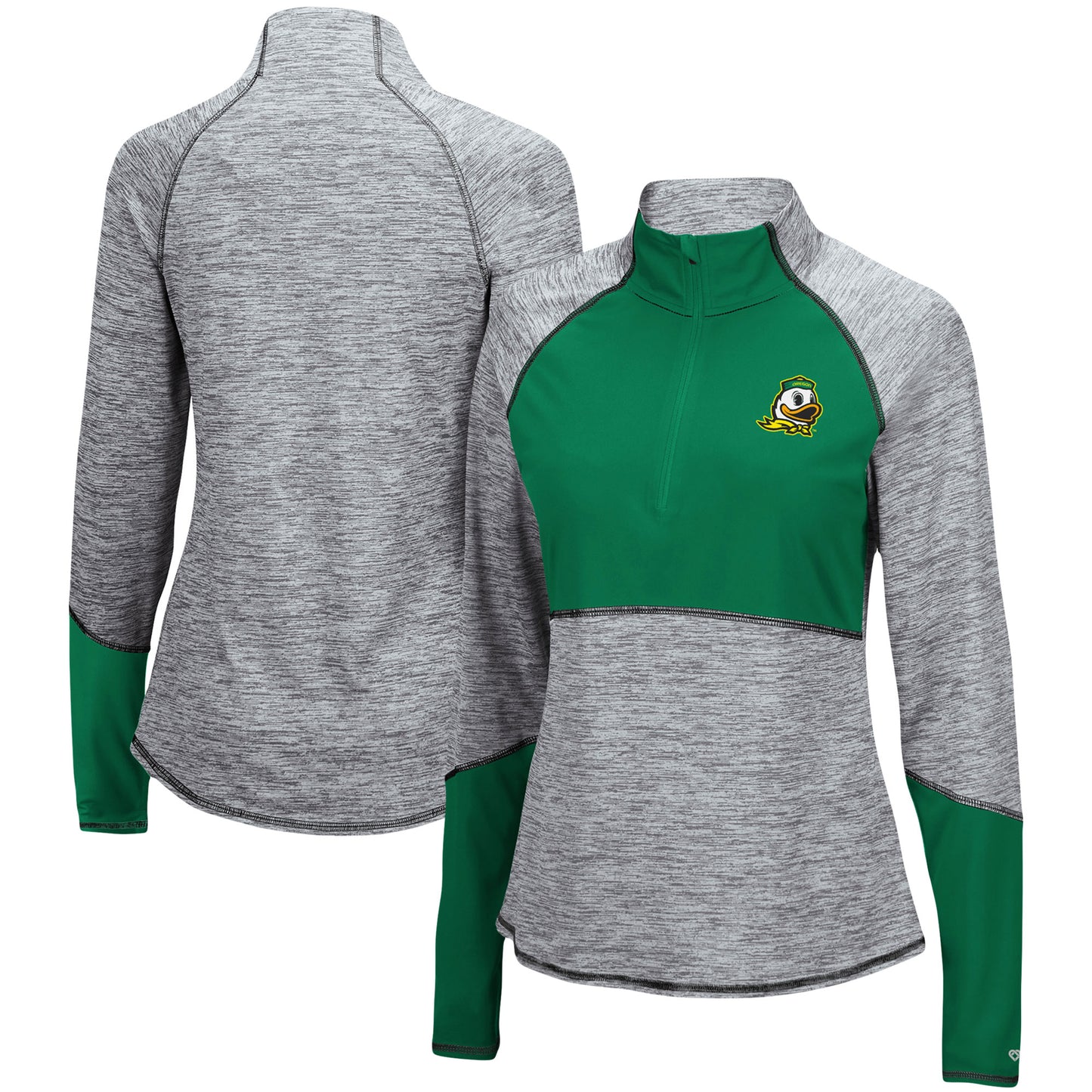 Women's Colosseum Heathered Gray/Green Oregon Ducks Color Block Space-Dye Raglan Quarter-Zip Top