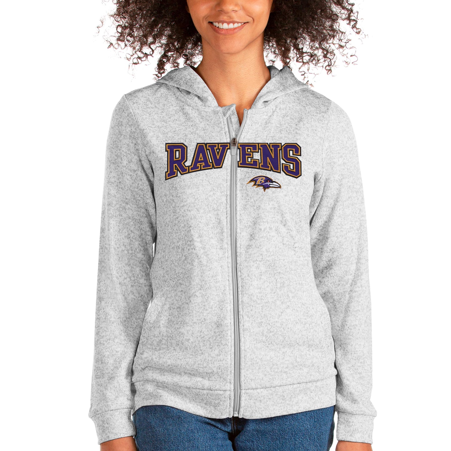 Women's Antigua Heathered Gray Baltimore Ravens Wordmark Absolute Full-Zip Hoodie