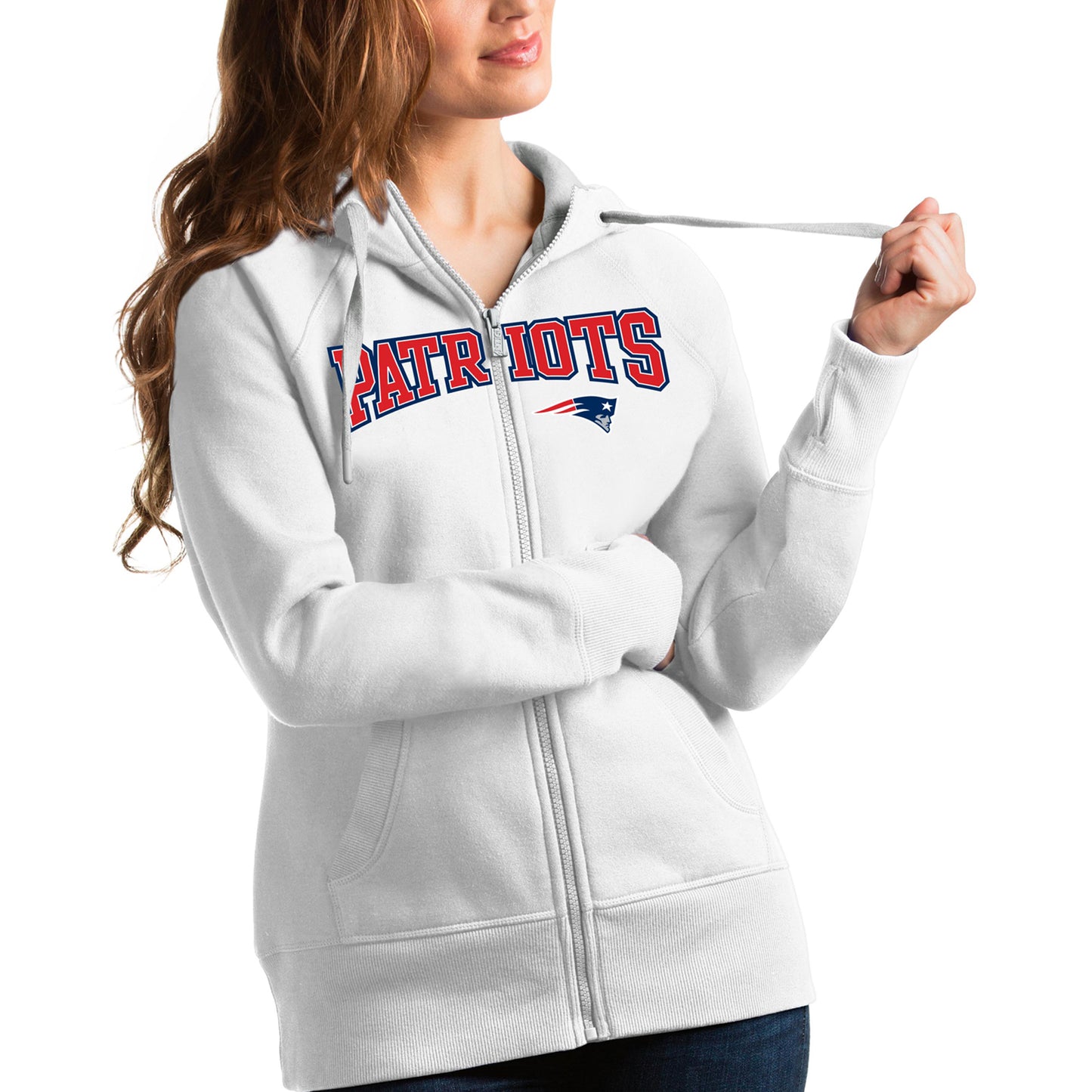 Women's Antigua White New England Patriots Wordmark Victory Full-Zip Hoodie