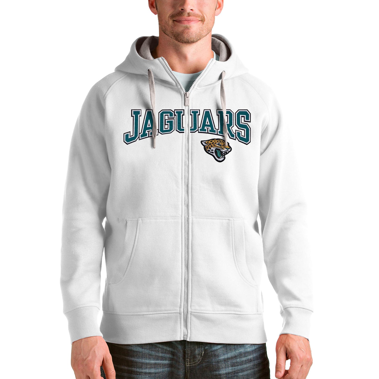 Men's Antigua White Jacksonville Jaguars Wordmark Victory Full-Zip Hoodie
