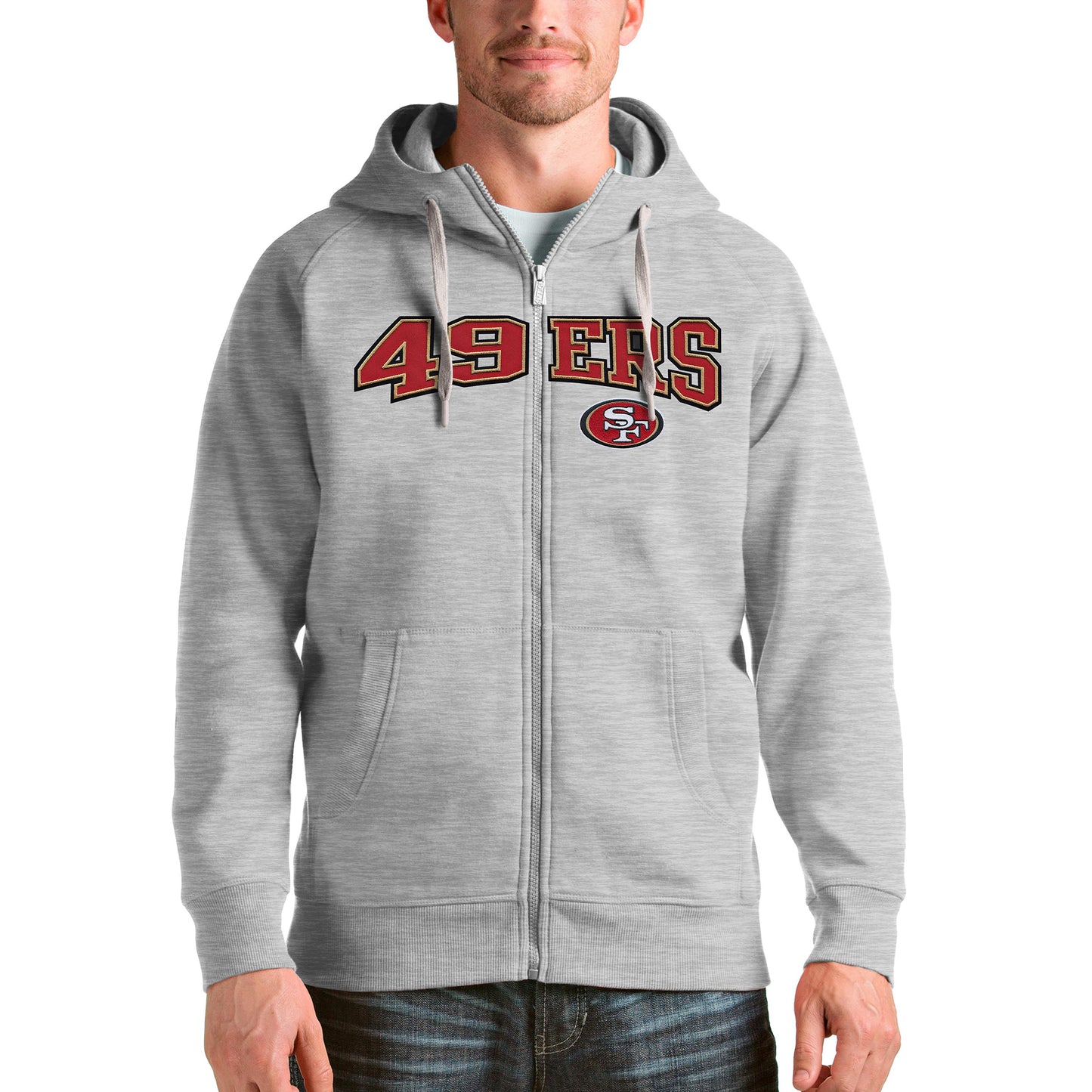 Men's Antigua Heathered Gray San Francisco 49ers Wordmark Victory Full-Zip Hoodie