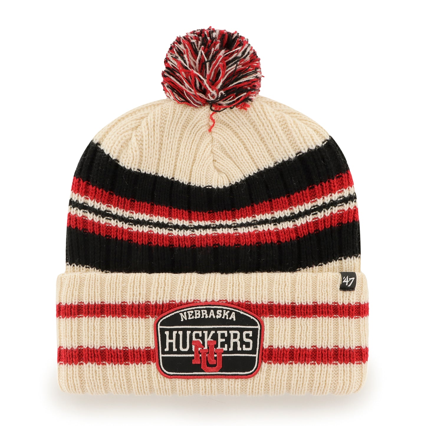 Men's '47 Natural Nebraska Huskers Hone Patch Cuffed Knit Hat with Pom
