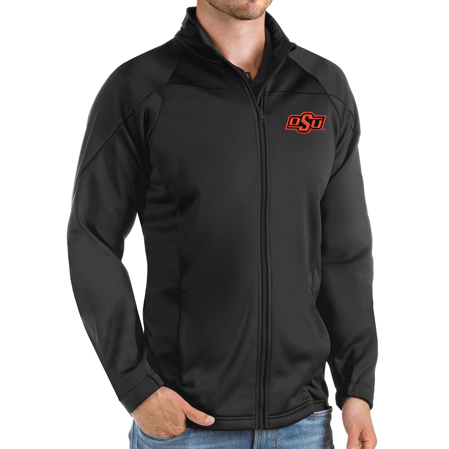 Men's Antigua Black Oklahoma State Cowboys Links Full-Zip Golf Jacket