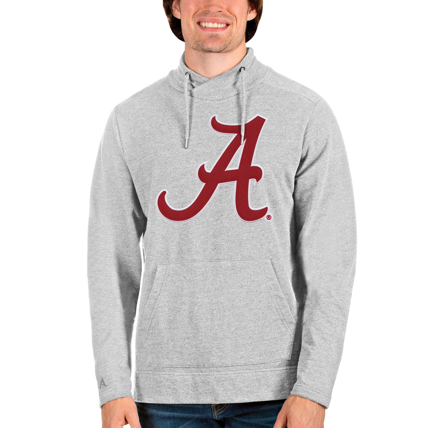 Men's Antigua Heathered Gray Alabama Crimson Tide Team Logo Reward Crossover Neckline Pullover Sweatshirt