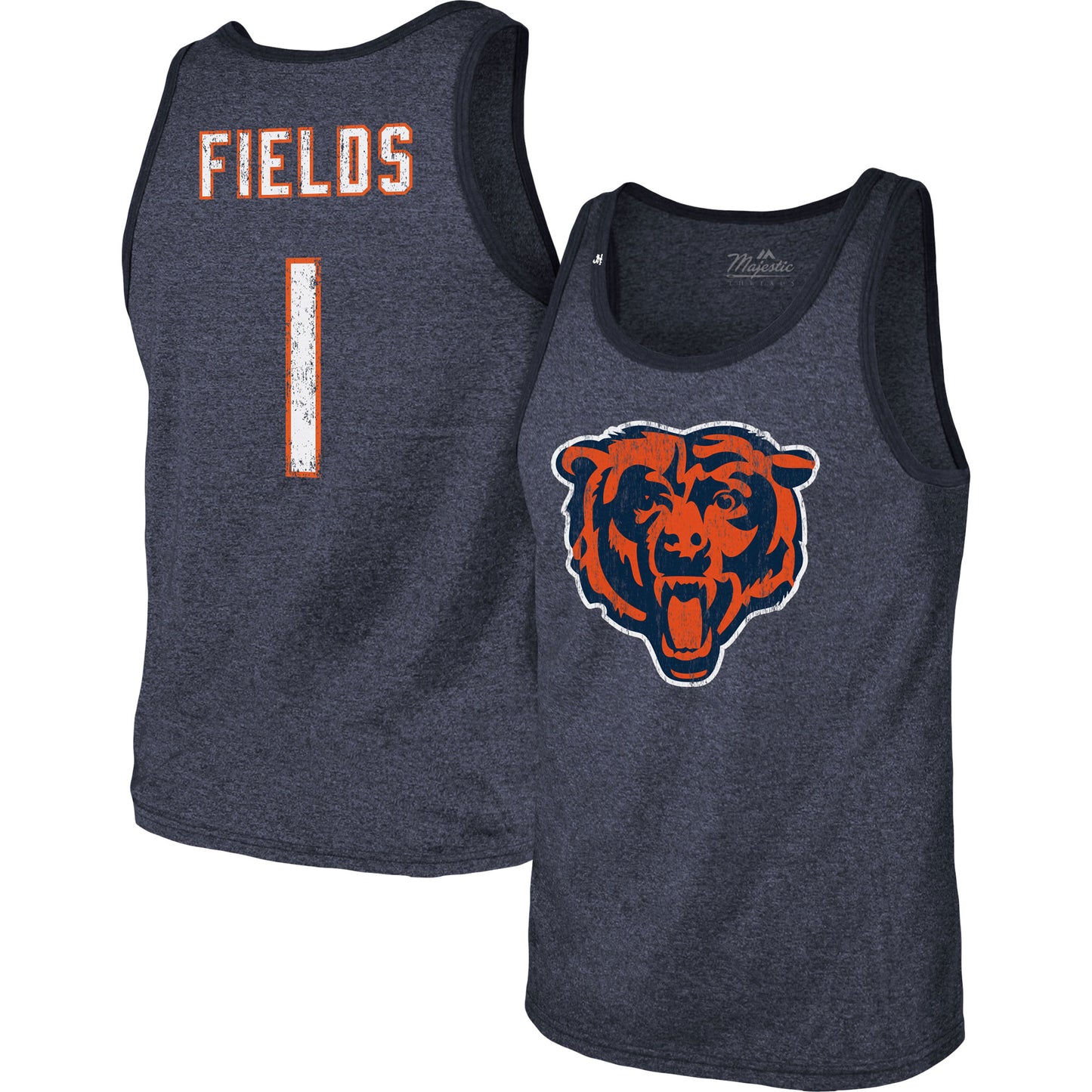 Men's Majestic Threads Justin Fields Heather Navy Chicago Bears Name & Number Tri-Blend Tank Top