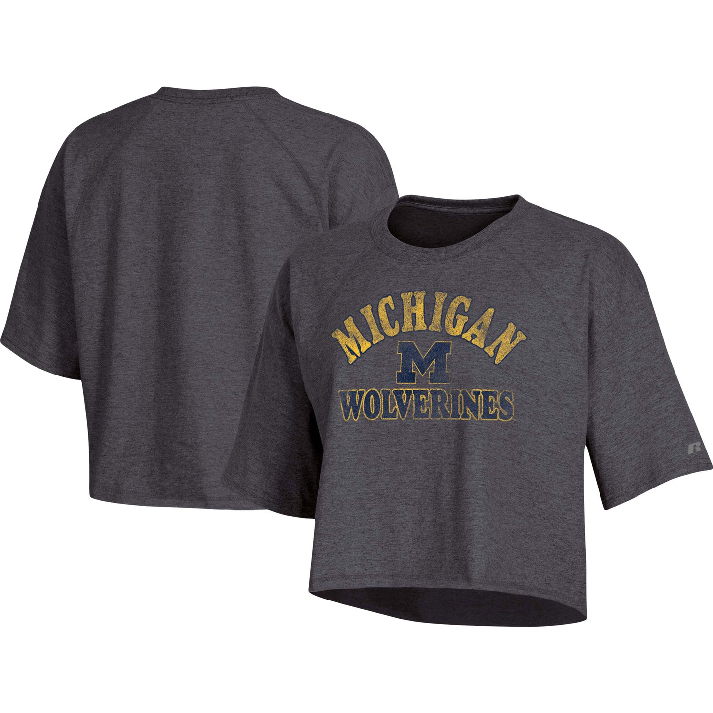 Women's Russell Heathered Charcoal Michigan Wolverines Raglan Half-Sleeve Cropped T-Shirt