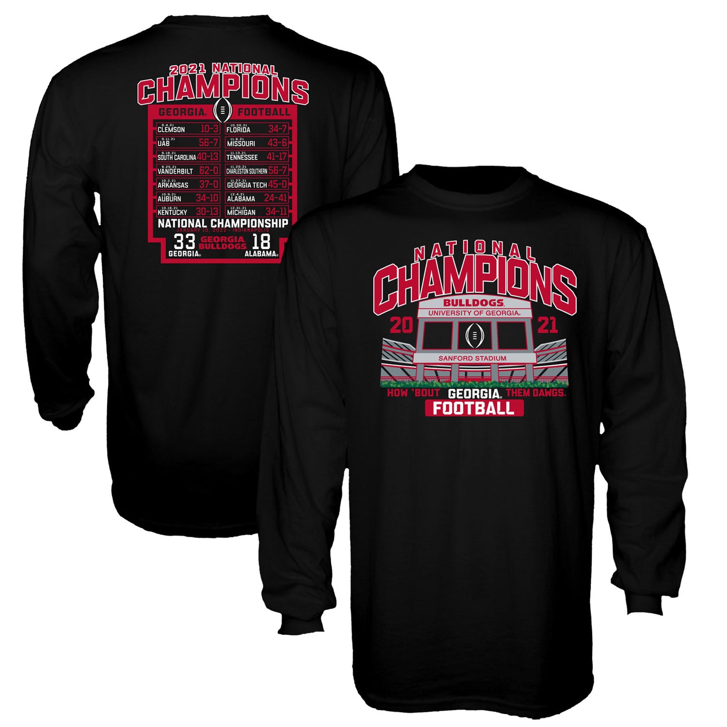 Men's Blue 84 Black Georgia Bulldogs College Football Playoff 2021 National Champions Stadium Schedule Long Sleeve T-Shirt