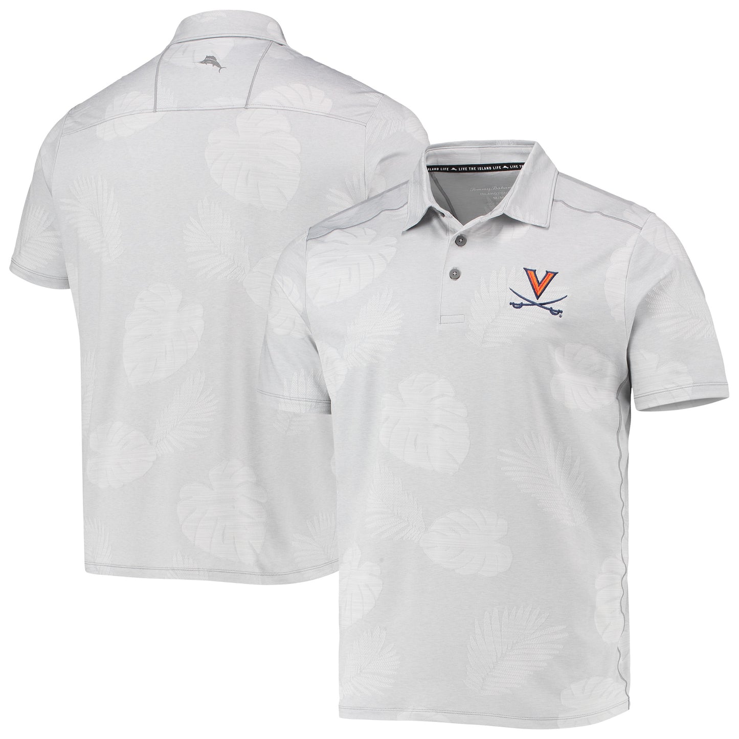 Men's Tommy Bahama Gray Virginia Cavaliers Palm Coast Delray Frond IslandZone Allover Print Polo