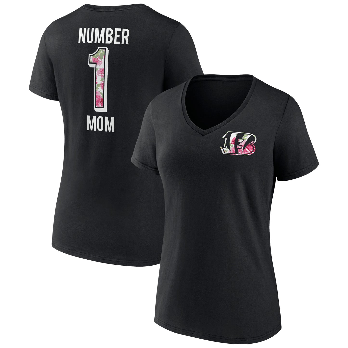 Women's Fanatics Black Cincinnati Bengals Plus Size Mother's Day #1 Mom V-Neck T-Shirt