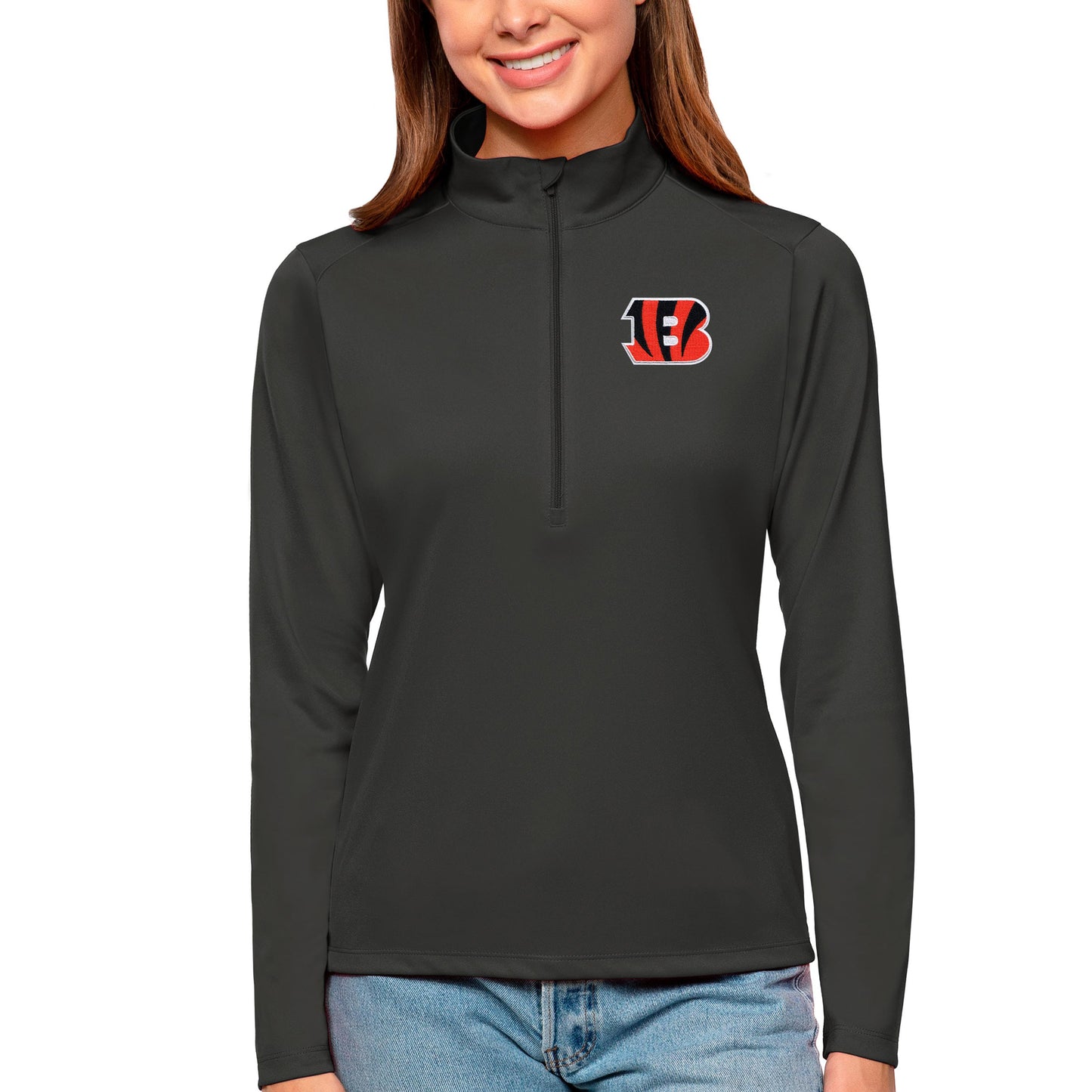 Women's Antigua Charcoal Cincinnati Bengals Tribute Half-Zip Top