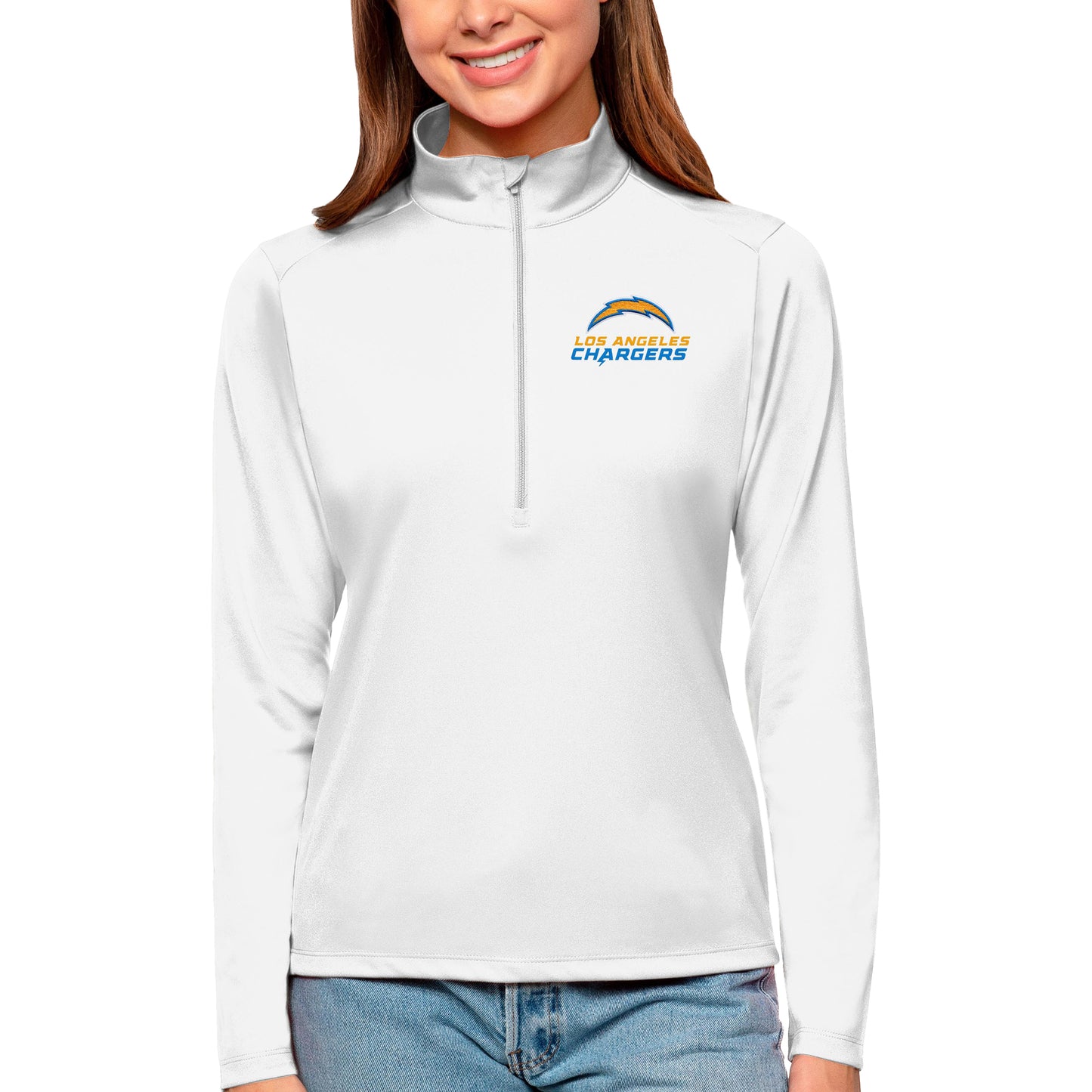 Women's Antigua White Los Angeles Chargers Tribute Half-Zip Top
