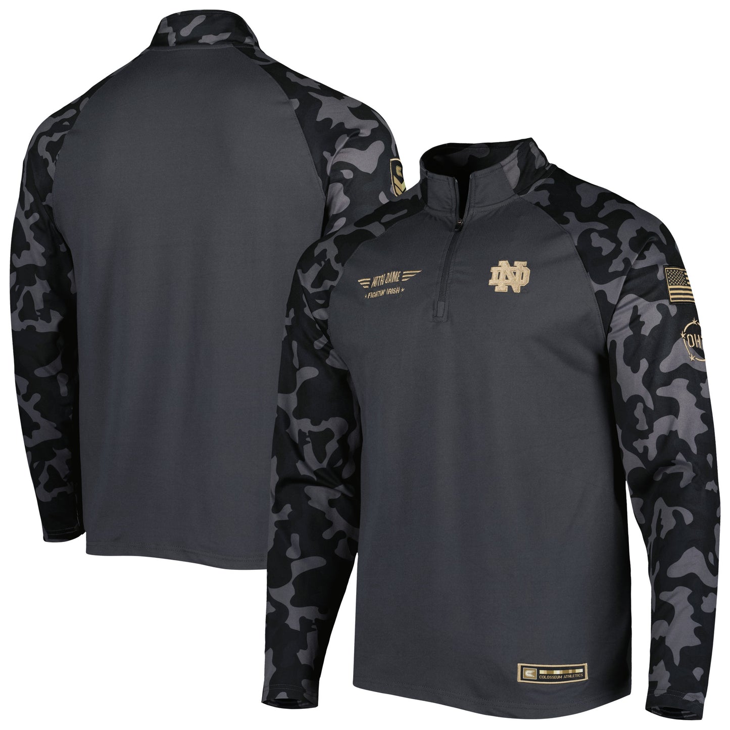 Men's Colosseum Charcoal Notre Dame Fighting Irish OHT Military Appreciation Long Range Raglan Quarter-Zip Jacket