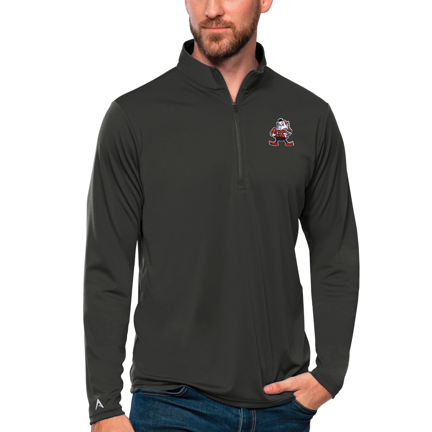 Men's Antigua Charcoal Cleveland Browns Tribute Quarter-Zip Lightweight Pullover Top