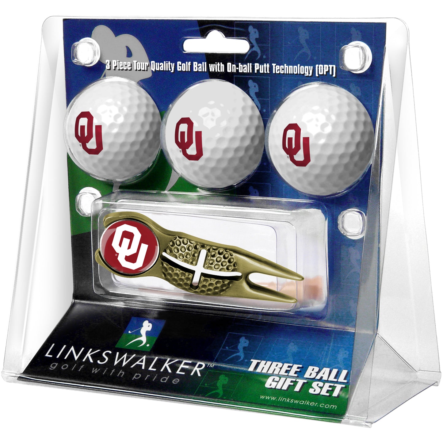 Oklahoma Sooners 3-Pack Golf Ball Gift Set with Gold Crosshair Divot Tool