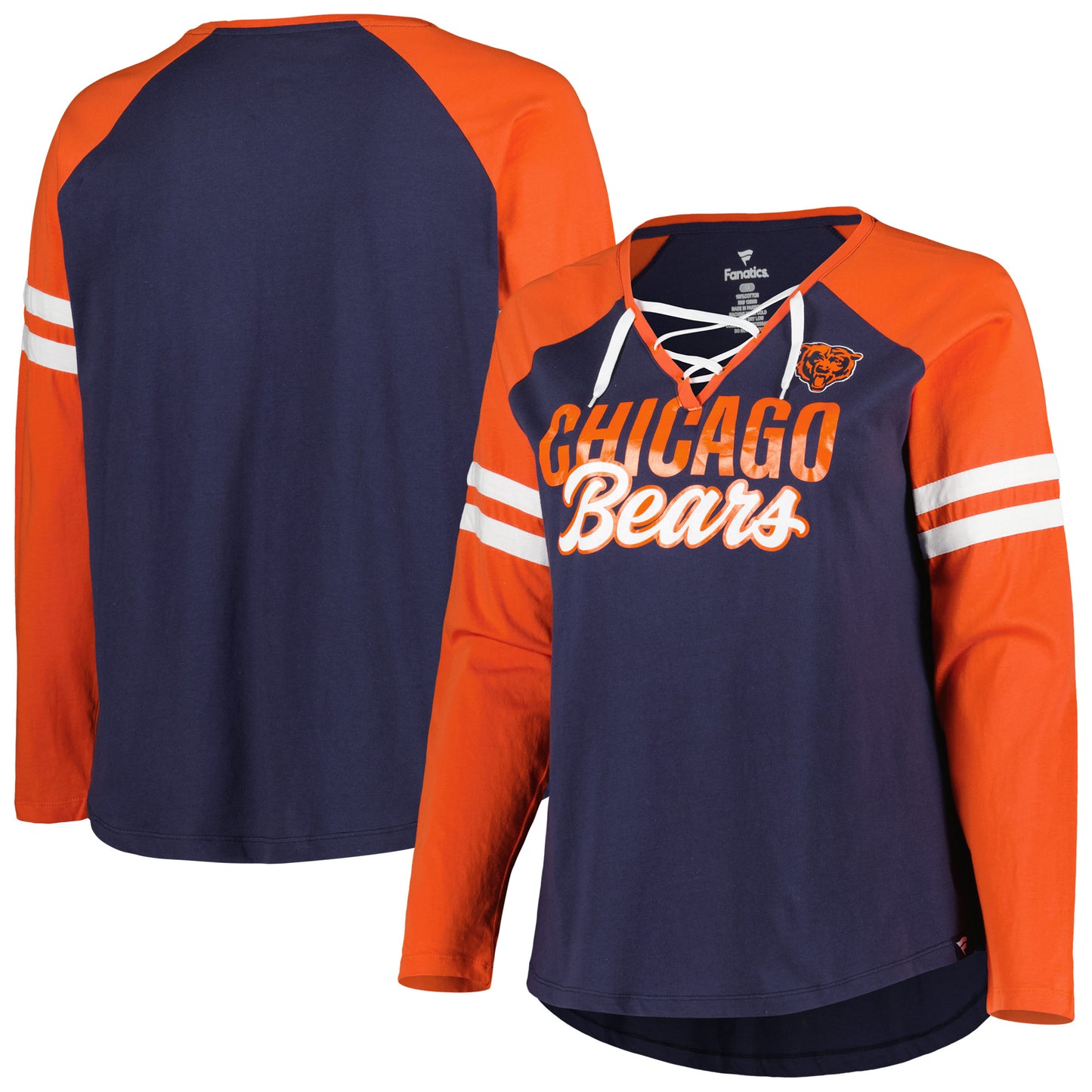 Women's Fanatics Navy/Orange Chicago Bears Plus Size True to Form Lace-Up V-Neck Raglan Long Sleeve T-Shirt