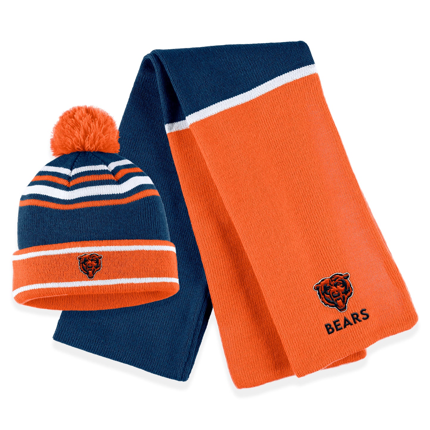 Women's WEAR by Erin Andrews Orange Chicago Bears Colorblock Cuffed Knit Hat with Pom and Scarf Set