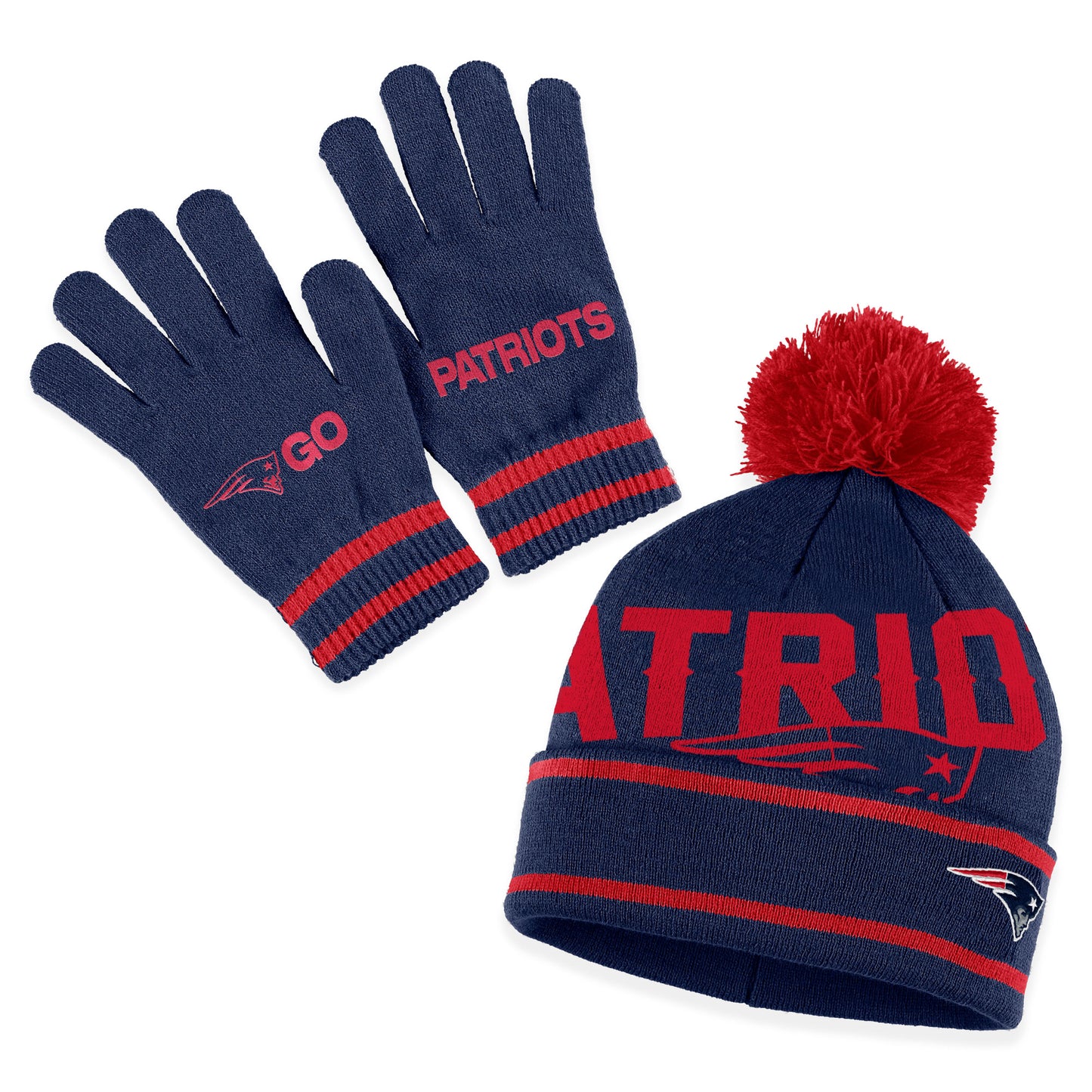 Women's WEAR by Erin Andrews Navy New England Patriots Double Jacquard Cuffed Knit Hat with Pom and Gloves Set