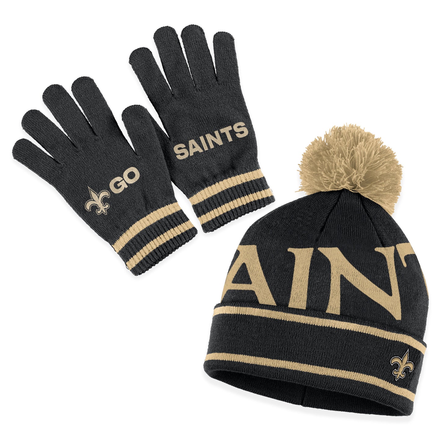 Women's WEAR by Erin Andrews Black New Orleans Saints Double Jacquard Cuffed Knit Hat with Pom and Gloves Set