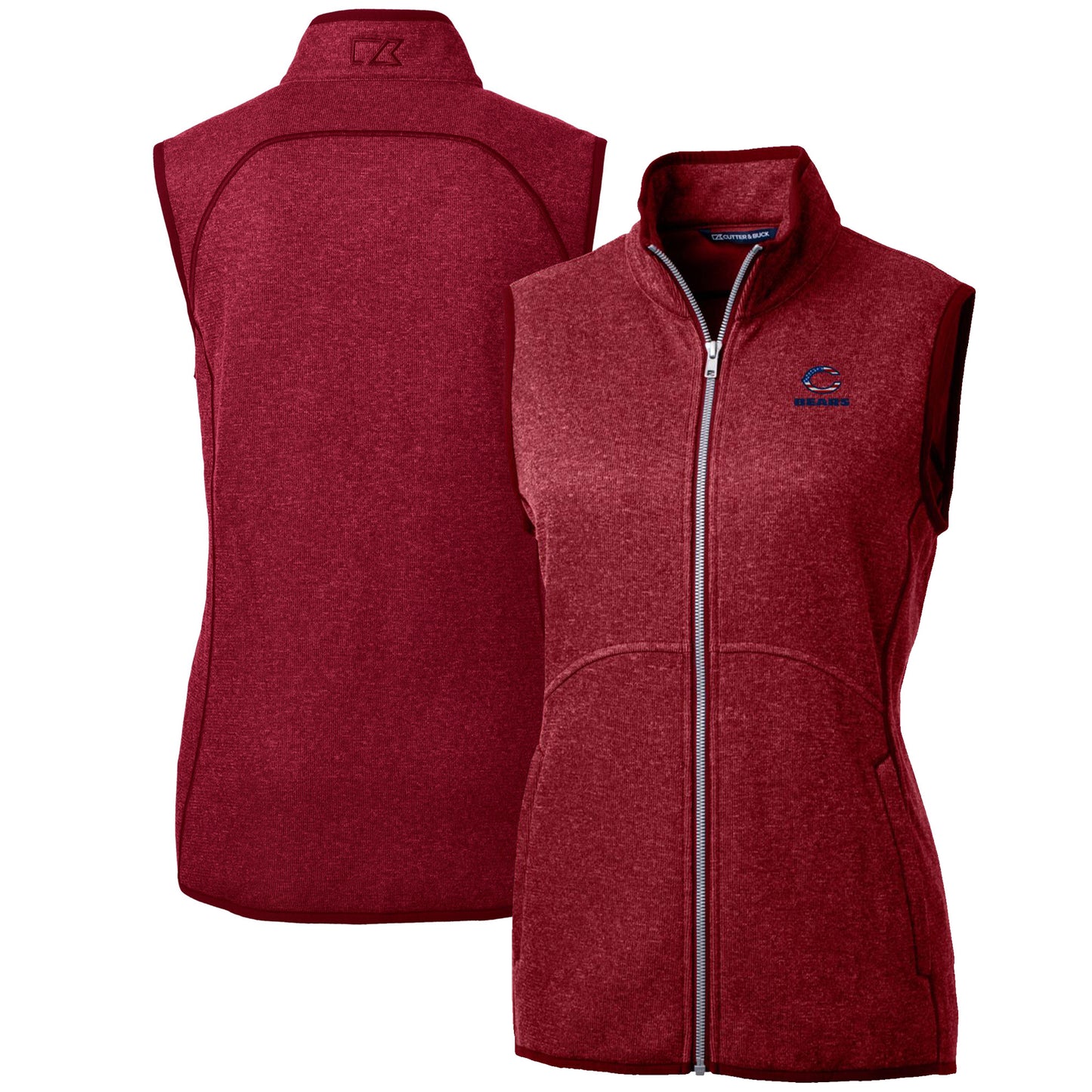 Women's Cutter & Buck Heathered Red Chicago Bears Mainsail Basic Sweater Knit Fleece Full-Zip Vest
