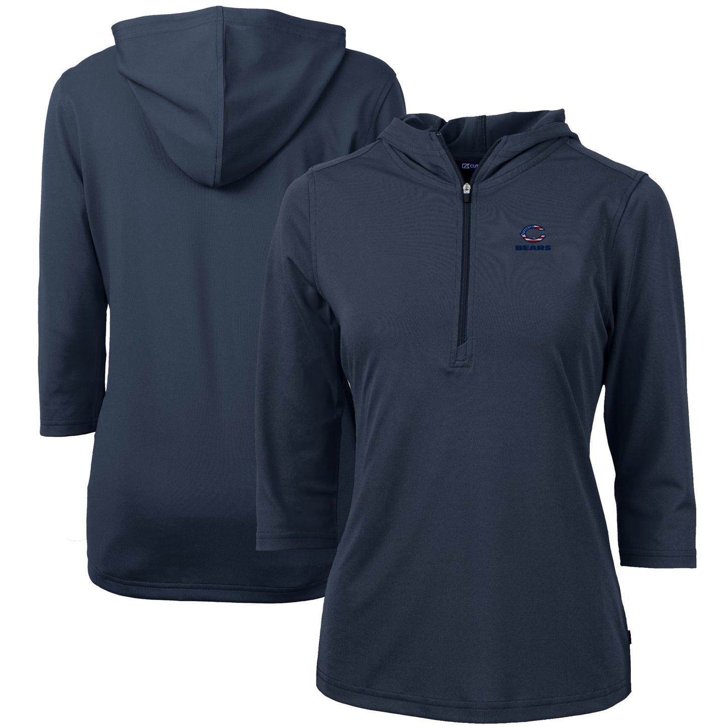 Women's Cutter & Buck Navy Chicago Bears Virtue Eco Pique 3/4 Sleeve Half-Zip Pullover Hoodie