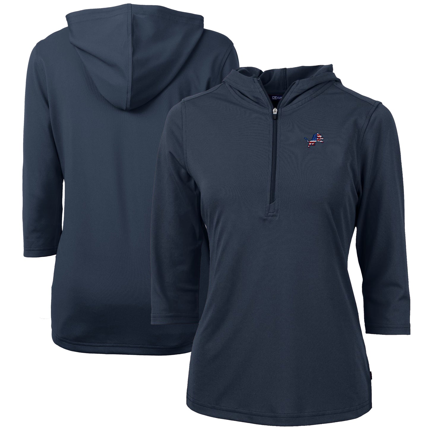 Women's Cutter & Buck Navy Detroit Lions Virtue Eco Pique 3/4 Sleeve Half-Zip Pullover Hoodie